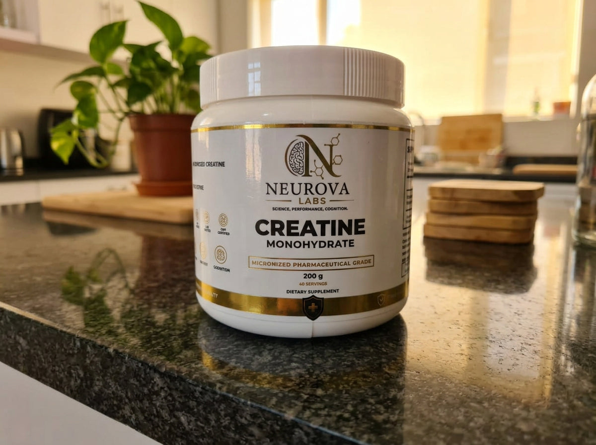 Neurova Labs Creatine Monohydrate tub on a kitchen counter